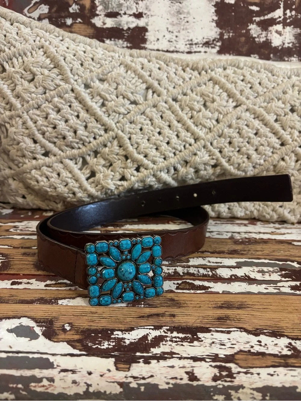 Brown Leather Belt with Turquoise Stone Buckle